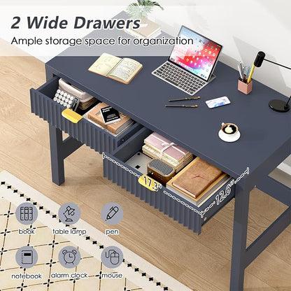 YOMILUVE Fluted Computer Desk with 2 Drawers, 39 Inch Small Computer Desk with Storage, Compact Writing Study Desk for Small Spaces, Blue