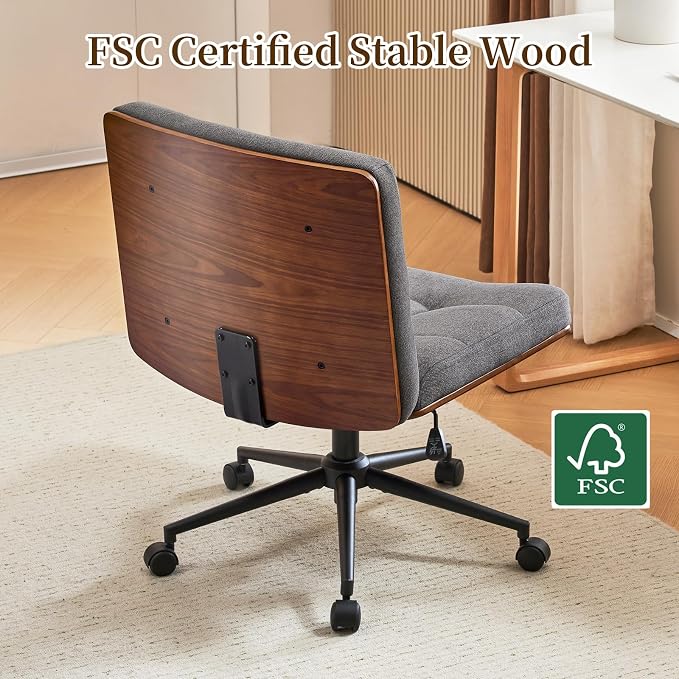 Furnimart Heavy-Duty FSC Wooden Wide Desk Chair, 360° Swivel Criss Cross Office Chair with Wheels, Comfy Cross Legged Sitting, Armless Rolling Chair for Bedroom, Office, Vanity(Linen Gray)