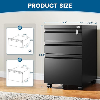 PEUKC 3 Drawers Mobile File Cabinet with Lock, Under Desk Rolling File Cabinet for Home Office, Organizes Letter Legal A4 Files, Black(Pre-Assembled)