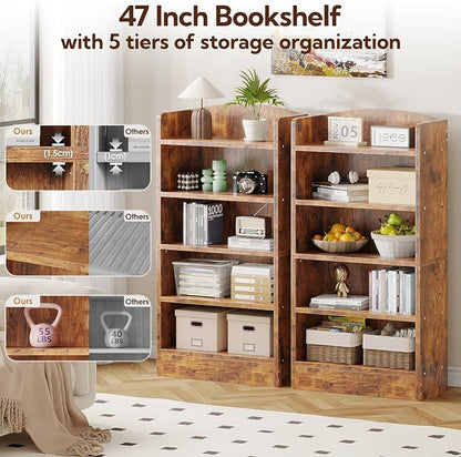 ALISENED 5-Tier Bookcase, Open Bookshelves and Bookcases with Storage Shelves, Floor Standing Unit, Display Storage Shelves for Bedroom Library Living Room Home Office, Brown