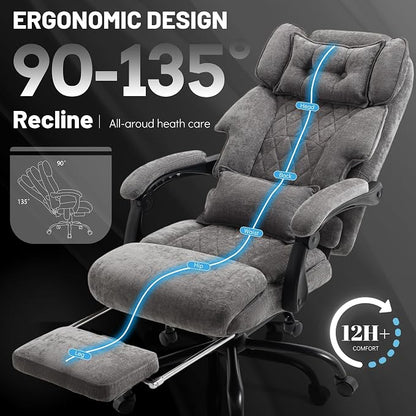 Massage Office Chair with Foot Rest,6 Points Vibration & Heat Executive Office Chairs,Big and Tall Fabric Office Chair 500LBS,Ergonomic Desk Chair for Heavy People,Recliner with Dual-Use Pillow,Grey