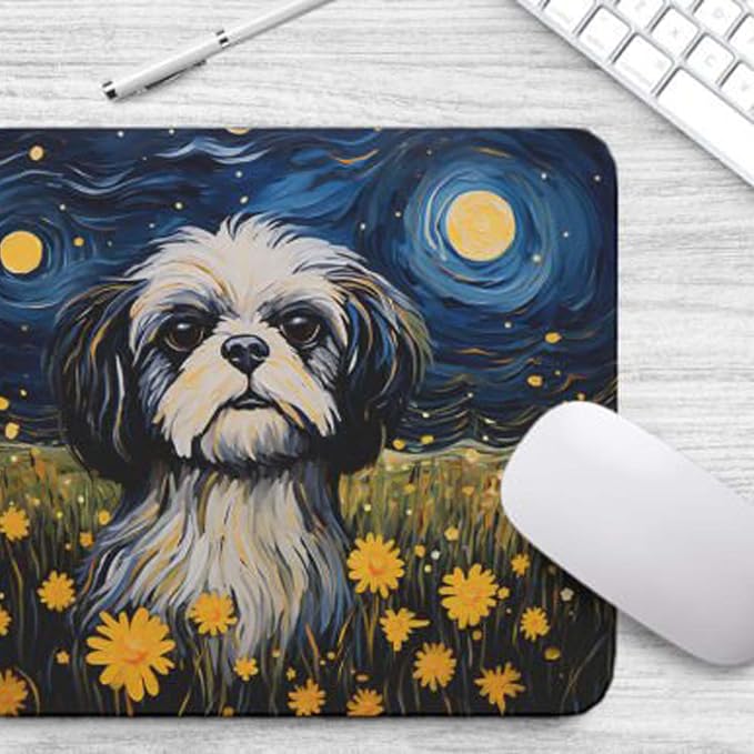 Starry Night Dog Mouse Pad for Home Office Gaming Working Desk Computer Desktop Accessories Non-Slip Rubber Mouse Pad for Dog Lovers (Shih Tzu)