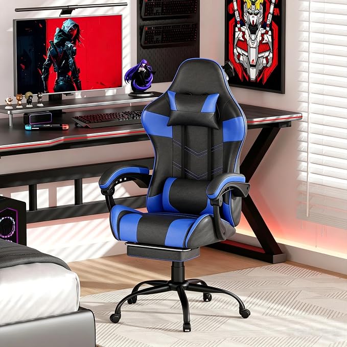 Gaming Chair with Footrest, Ergonomic Video Game Chair with Headrest and Lumbar Support, 400 lbs Adult Chair, Height Adjustable 360° Swivel High Back Reclining Computer Chair for Home Office (Blue)