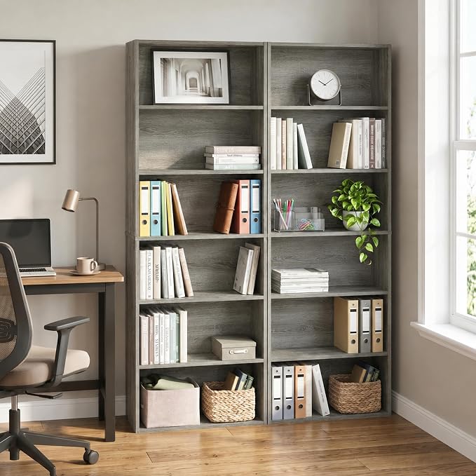 Furinno Jaya Book Shelf Set of 2, 6-Tier Bookshelf, Bookcase, 9.5 x 24.6 x 71, for Home Office, Living Room, French Oak