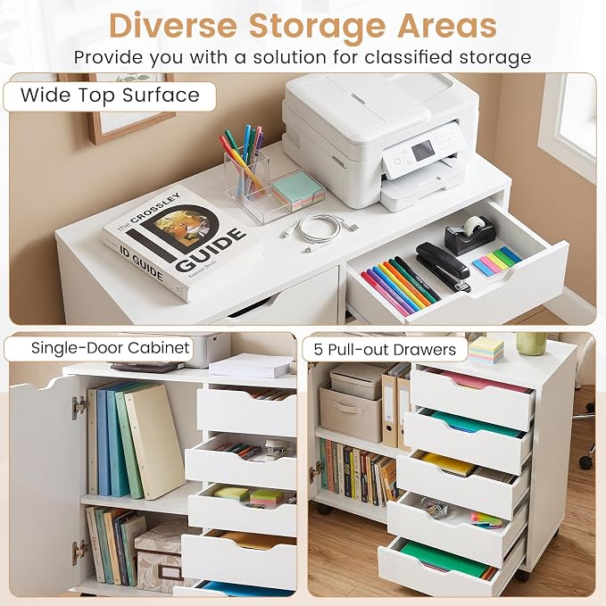 Giantex 5-Drawer File Cabinet with Wheels, Wooden Rolling Lateral Filing Cabinet with Door and Adjustable Shelf, Chest of Drawers, Mobile Printer Stand Organizer for Home Office and Bedroom (White)