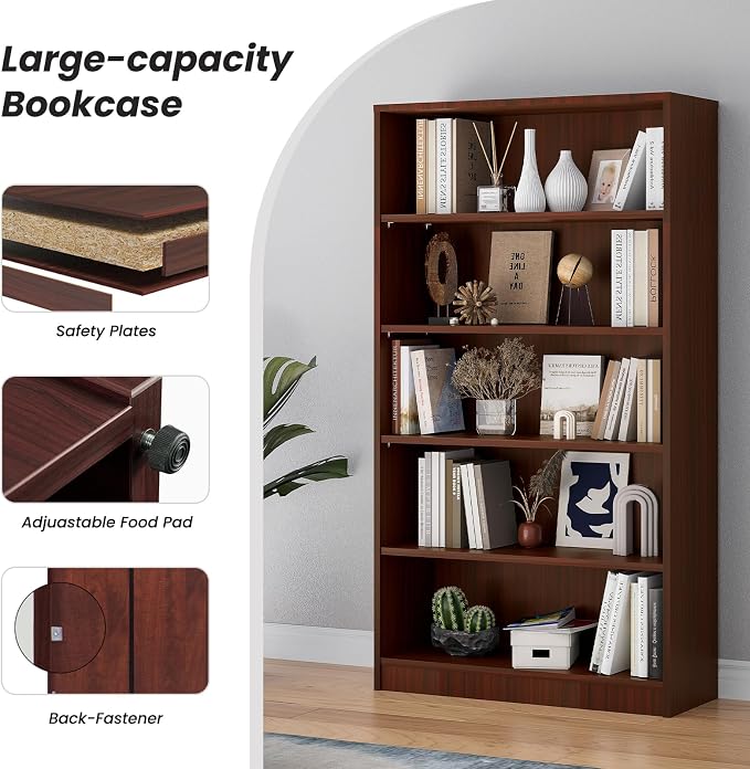 Farini 60 Inch Tall Bookcase,5 Shelf Bookshelves,Adjustable Bookshelf for Home Office,Cherry