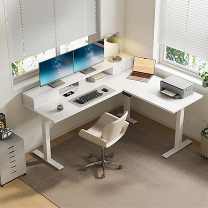 Casaottima 59 Inch Electric L-Shaped Standing Desk with Drawers, Height Adjustable Stand Up Corner Desk with Monitor Stand, Lift Table for Home, Office, Workstation, White