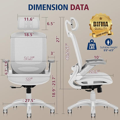 GABRYLLY Ergonomic Office Chair, High Back Home Desk Chair with Headrest, Flip-Up Arms, 90-120° Tilt Lock and Wide Cushion, 300LBS Mesh Chairs for Man Woman, White Task Chair(Grey,GY01WG)