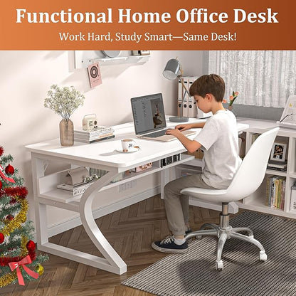 55 inch Computer Desk, Home Office Desk with Storage Shelf, Sturdy U-Shaped Metal Frame Study Table with Cable Management, Gaming Desk for Office & Bedroom (White, 55inch)