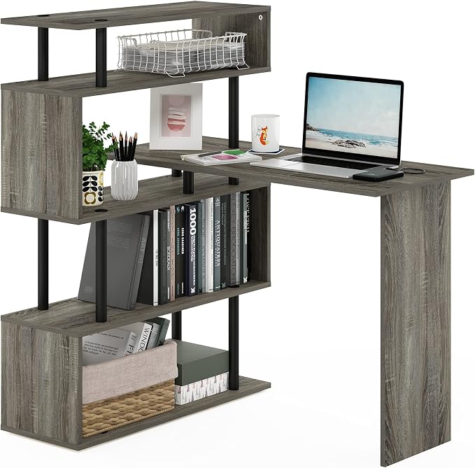 Furinno Classic Desk, 40" Wide L-Shape Gaming Desk, Computer Desk, Writing Desk with 5-Tier S-Shaped Side Shelves for Home Office, Study Room, Dorm, Bedroom, French Oak