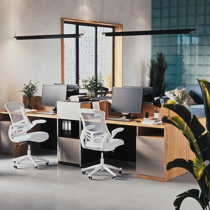 Flash Furniture Kelista Mid-Back Swivel Office Chair with Adjustable Lumbar Support and Seat Height, Ergonomic Mesh Desk Chair with Flip-Up Armrests, White