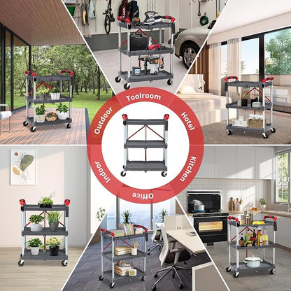 PioneerWorks Folding Utility Service Cart, Collapsible Cart with Wheels, 3 Tier Rolling Utility Cart, Folding Cart with Wheels Collapsible, Service Cart for Tool, Grocery, Bar, Kitchen, Office