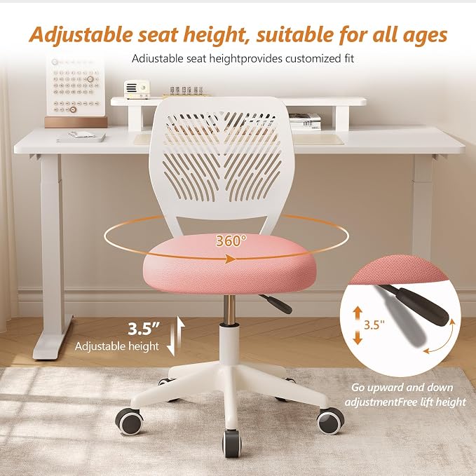 JPBSTO Armless Desk Chair, Height Adjustable Swivel Office Rolling Task Chairs with Soft Mesh Padded Cushion, Ergonomic Small Study Computer Chair for Girls Boys Teens, Pink