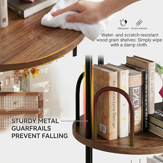 6 Tier Rotating Bookshelf Tower, Standing Tall Corner Wood, Black Metal Modern Book Shelf Organizer Retro Vintage Rustic Farmhouse Large Bookshelf Book Display Furniture for Your Home, Office, Kids