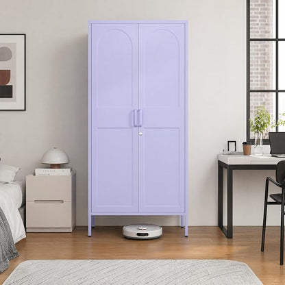 Lockable Metal Wardrobe Closet with Hanging Rod and 3 Adjustable Shelves,67" Metal Storage Cabinet with 2 Doors,Steel Armoire Wardrobe Closet for Bedroom Living Room Cloak Room (Purple)