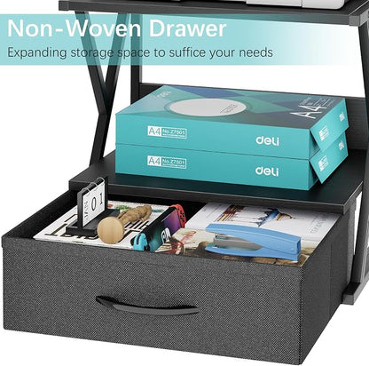 aboxoo Printer Stand for Desk with Storage Drawer, 2 Tier Desktop Or Under Desk Shelf, Multi-Purpose Desks Organizer for Home Office, fit Fax Machine/3D Printer/Scanner, Black