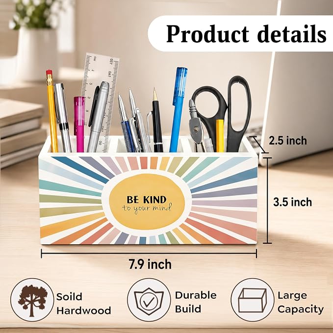 Boho Sunshine Mental Health Pen Holder for Desk, Inspirational Be Kind to Your Mind Wooden Box Sign Desk Decor for Classroom Home Office Decoration, Colorful Sun Pencil Organizer