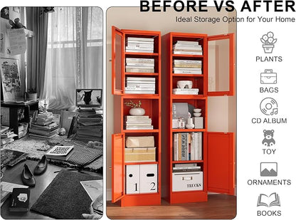 Metal Bathroom Storage Cabinet, Tall Narrow Cabinet with Glass Doors Ajustable Shelves Open Countertop, Slim Sideboard for Small Spaces, Living Room, Kicthen, Dining Room