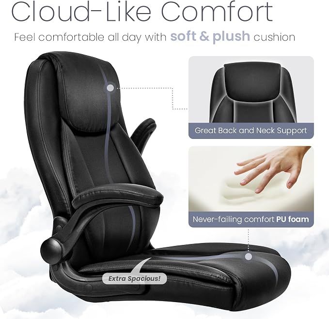NEO Chair Ergonomic Office Chair Executive Computer Desk Chair Gaming High Back Support Comfy Seat Flip-up Arms Adjustable Height Swivel Rolling Wheels PU Leather for Home (Dark Black)