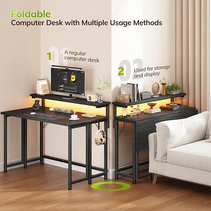 DurayLoly Folding Table with RGB Light for Small Space, 31.5" Folding Computer Desk for Space Saving Sofa Table for Couch, Home Work Office Desk with Monitor Stand, Easy to Fold with Hooks,Black
