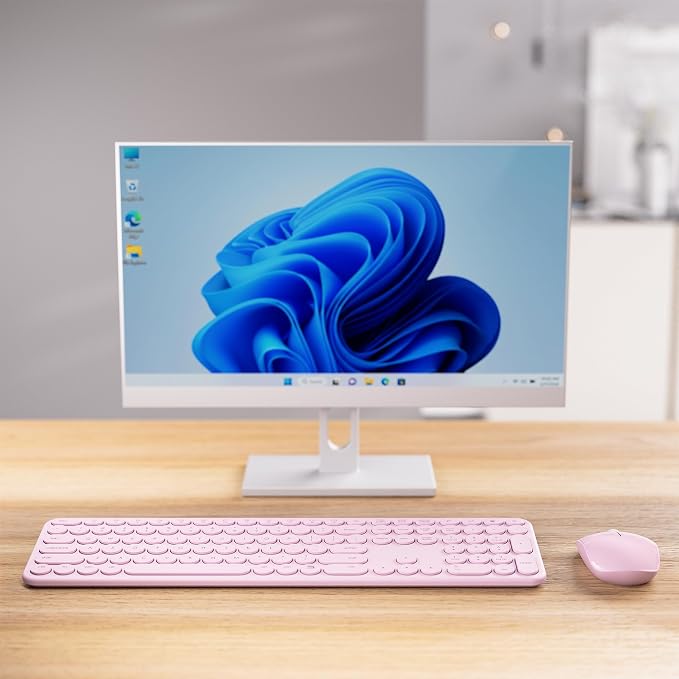 MPTOG Wireless Keyboard and Mouse Combo, Retro Round Typewriter Keys, 2.4G Silent Connection with Number Pad, Ergonomic Aesthetic Desk Set for Home Office, Laptop, PC, Mac (Pink)