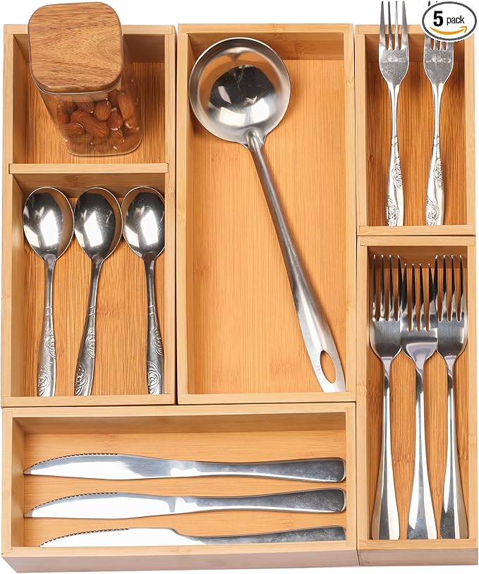 Vincona Bamboo Drawer Organizers Set, 5-Piece Multi-Use Wood Storage Organizers, Desk Drawer Tray for Kitchen, Bathroom, Office, Dresser, Bamboo Box Bin for Jewelry, Makeup, Junk, Gadgets