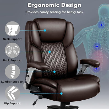 Big and Tall Office Chair 600LBS, Ergonomic Executive Desk Chair with Adjustable Lumbar Support & Flip-up Armrests, High Back Heavy Duty XL Computer Chair for Home Office, PU Leather, Brown