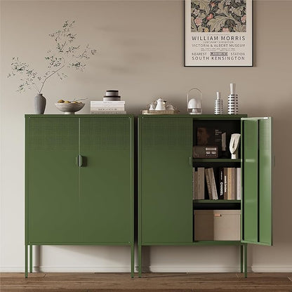 Metal Storage Cabinet,2 Door TV Stand, Metal Mesh Accent Cabinet,Magnetic Door Closure,Low Storage Cabinets with Doors and Shelves