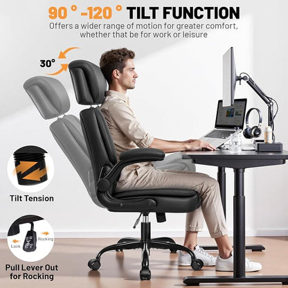 BestGlory Ergonomic Office Chair, PU Leather Executive Desk Chair with Adjustable Headrest, Flip-Up Arms and Lumbar Support, High Back Computer Chair for Home Office, Remote Work, Gaming, Black