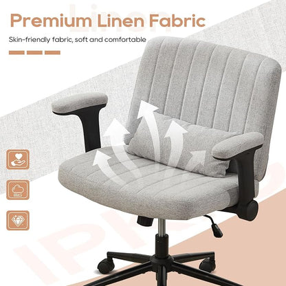 IPKIG Criss Cross Chair with Adjustable Flip-up Arms, Vanity Chair with Wheels, Comfy Desk Chair with Lumbar Pillow Swivel Wide Office Chair for Home Office, Bedroom (Linen, Grey)