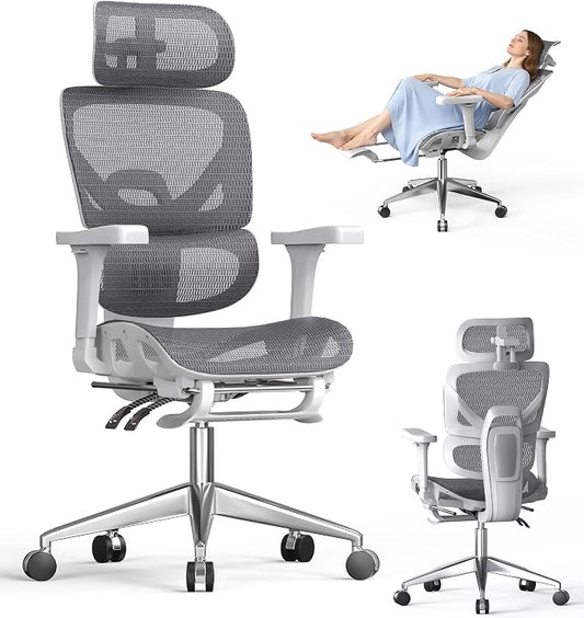 naspaluro Ergonomic Office Chair, High Back Mesh Desk Chair, 350lbs Capacity, Lumbar Support, 3D Armrest Headrest, Footrest, PU Wheels, Swivel Computer Chair for Home Office, Work & Gaming