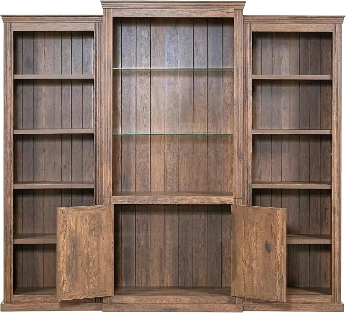 Merax 3-Pieces Brown Bookcase Collection Display Cabinet 87"x17"x79" Tall Bookshelf, Single Color Ceiling Light, 5 Shelf MDF Bookcase for Living Room, Home Office, Studio