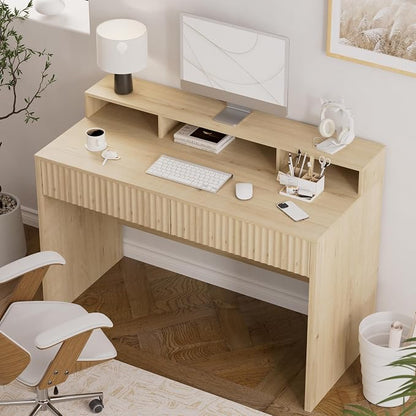 EYYTHUNG Fluted Executive Desk with Storage Shelf, 47" Modern Wood Home Office Desk with Long Monitor Stand & 2 Drawers, Writing Study Computer Table Vanity Desks, Light Oak