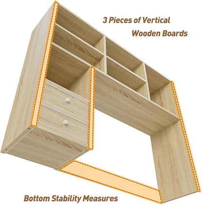 REIBII Desktop Bookshelf, High-Capacity Desk Hutch Organizer with 7 Shelves and 2 Drawers, Adjustable Bookshelf Storage, Desk Shelf for Top of Desk, Desk Hutch Dorm, Natural