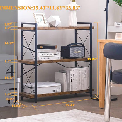 HCHQHS 3-Tier Industrial Bookshelf, 35" W x 12" D x 35" H | 1.2" Shelf Thickness, 14.17" Shelf Height, Wood and Metal, Horizontal, Rustic Brown, for Office Living Room Bedroom