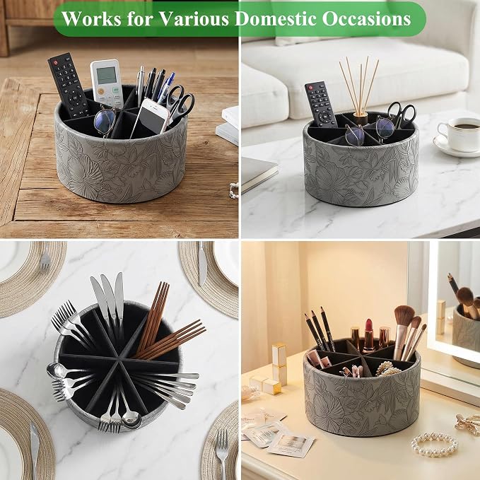 Remote Control Holder, 360°Spinning PU Leather Desk TV Remote Caddy,Desk Storage Box Room Accessories for Controller, Media,Mail,Calculator, Mobile Phone,Pencil(1-Carved Grey)