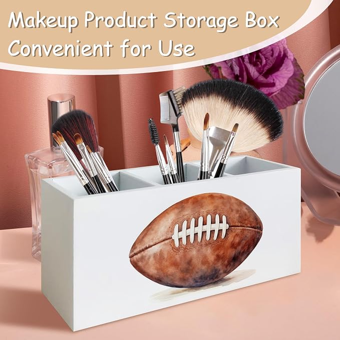 American Football Pen Pencil Holder Organizer for Desk, Gifts for Football Fan Lovers Players Wooden Box Block Sign for Home Office Tabletop Decor