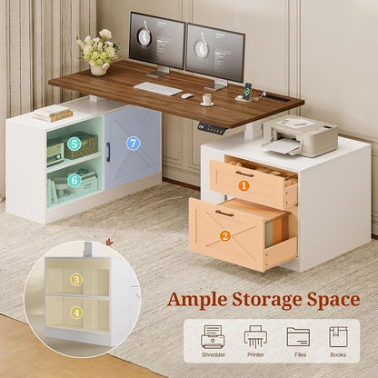 UPOSOJA 71" Farmhouse L Shaped Standing Desk, Electric Height Adjustable Corner Desk with Storage Cabinet & File Drawers, Wood Stand up Computer Desks with Power Outlets for Home Office