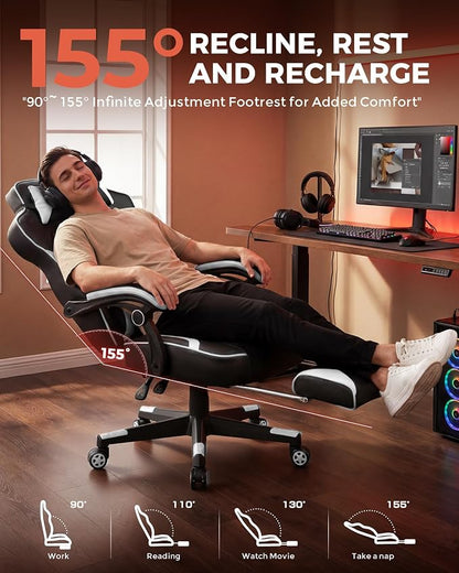 GTPLAYER Gaming Chair with Footrest, Big and Tall Game Chair 350lb Racing Style Computer Chair, Ergonomic Executive Office Chair High Back with Lumbar Support and Recliner, White