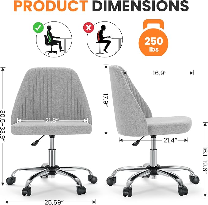 Simple Deluxe Armless Office Desk Chair, Modern Cute Swivel Vanity Chair Comfy Home Office Chairs with Wheels Height Adjustable Rolling Computer Task Stools for Living Room, Make-up, Bedroom, Grey