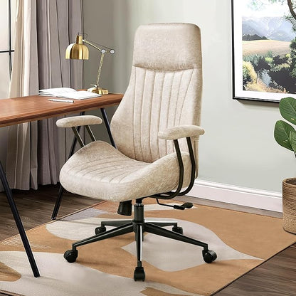 Mid Century Modren Office Chair,Computer Desk Swivel Task Chair with Wheels, High Back Ergonomic Executive Chair with Lumbar Support, Faux Lether Suede Fabric Home Chair (High Back, Beige)