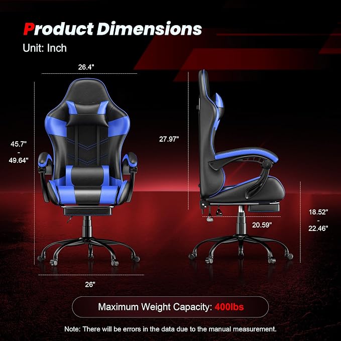 Gaming Chair with Footrest, Ergonomic Video Game Chair with Headrest and Lumbar Support, 400 lbs Adult Chair, Height Adjustable 360° Swivel High Back Reclining Computer Chair for Home Office (Blue)