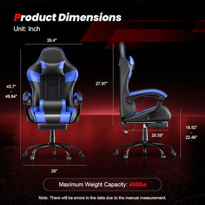 Gaming Chair with Footrest, Ergonomic Video Game Chair with Headrest and Lumbar Support, 400 lbs Adult Chair, Height Adjustable 360° Swivel High Back Reclining Computer Chair for Home Office (Blue)