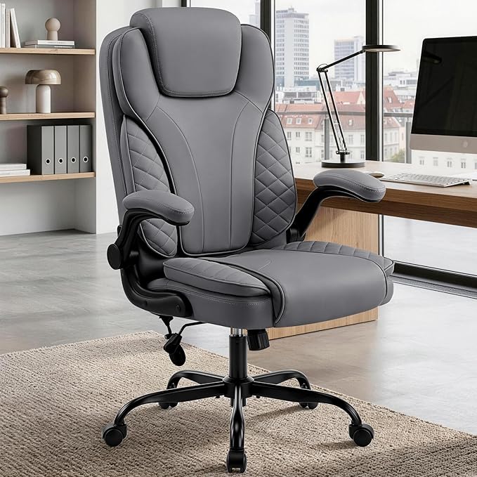 Ergonomic Office Chair, PU Leather High Back Executive Chair with Adjustable Inflatable Lumbar Support and Padded Flip-Up Arms, Recline Swivel Task Computer Chair for Home Office, Gray