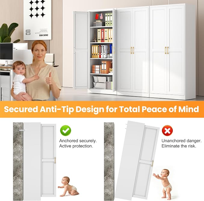 71" Metal Pantry Cabinet,Storage Cabinet with Doors and Shelves | Metal Storage Cabinet,Gold Handles,Adjustable Shelves,Magnetic Doors,Leveling Feet,Anti-tipping,for Kitchen/Garage White