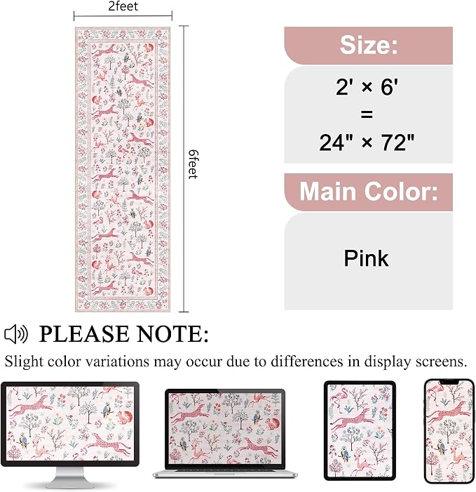 DUKINO 2x10 Rug for Hallway, Washable Kitchen Runner Rug with Non Slip Backing, Soft Low Pile Vintage Animal Runner for Bedroom, Kitchen, Hallway, Entryway, Laundry, Pink