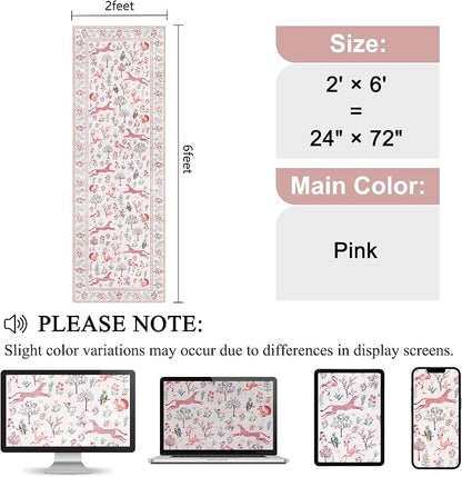 DUKINO 2x10 Rug for Hallway, Washable Kitchen Runner Rug with Non Slip Backing, Soft Low Pile Vintage Animal Runner for Bedroom, Kitchen, Hallway, Entryway, Laundry, Pink