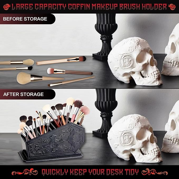 Gothic Coffin Decor Makeup Brush Holder,Spooky Witchy Gifts for Women,Bat Cosmetic Display Cases,Cross Goth Decor Pen Holder, Vanity, Desk, Office Organizer for Christmas Bedroom Bathroom,Black
