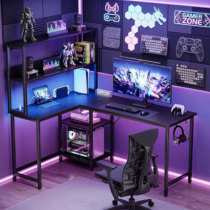 OLIXIS 53 in L Shaped Desk Computer Gaming Desk with Power Outlets & LED Lights, Reversible Corner Home Office Table with Adjustable Shelf & CPU Stand, Black