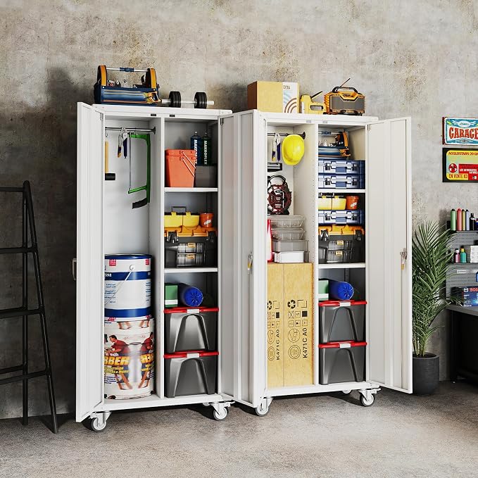 DUMOS 72" Metal Garage Storage Cabinet with Wheels, Tall Rolling Steel Tool Organizer with Adjustable Shelves and Locking Doors, Lockable File Cabinet for Garage, Home, Office, Warehouse, White